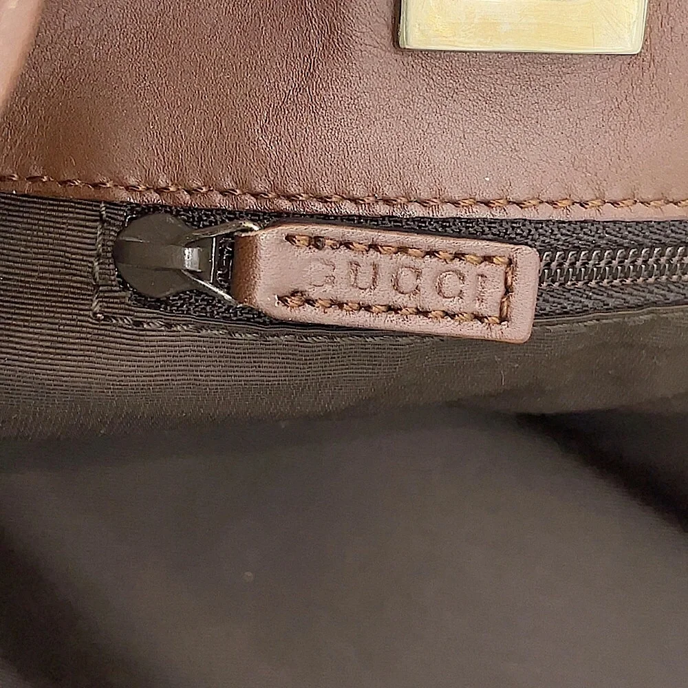 GUCCI GG Taupe and Brown Leather Shoulder Bag Shopper Interior Zip Pocket AUTH